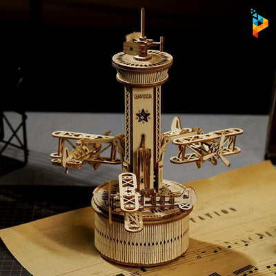 Boite à musique Tour de contrôle aérienne avion puzzle 3D bois-Puzzledebois ™