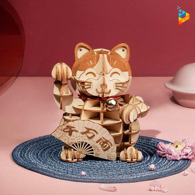 Chat heureux asiatique puzzle 3D en bois-Puzzledebois ™