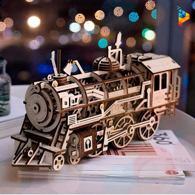 Train locomotive mécanique puzzle 3D en bois-Puzzledebois ™