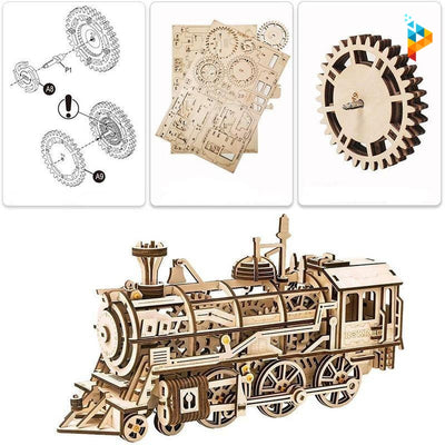 Train locomotive mécanique puzzle 3D en bois-Puzzledebois ™